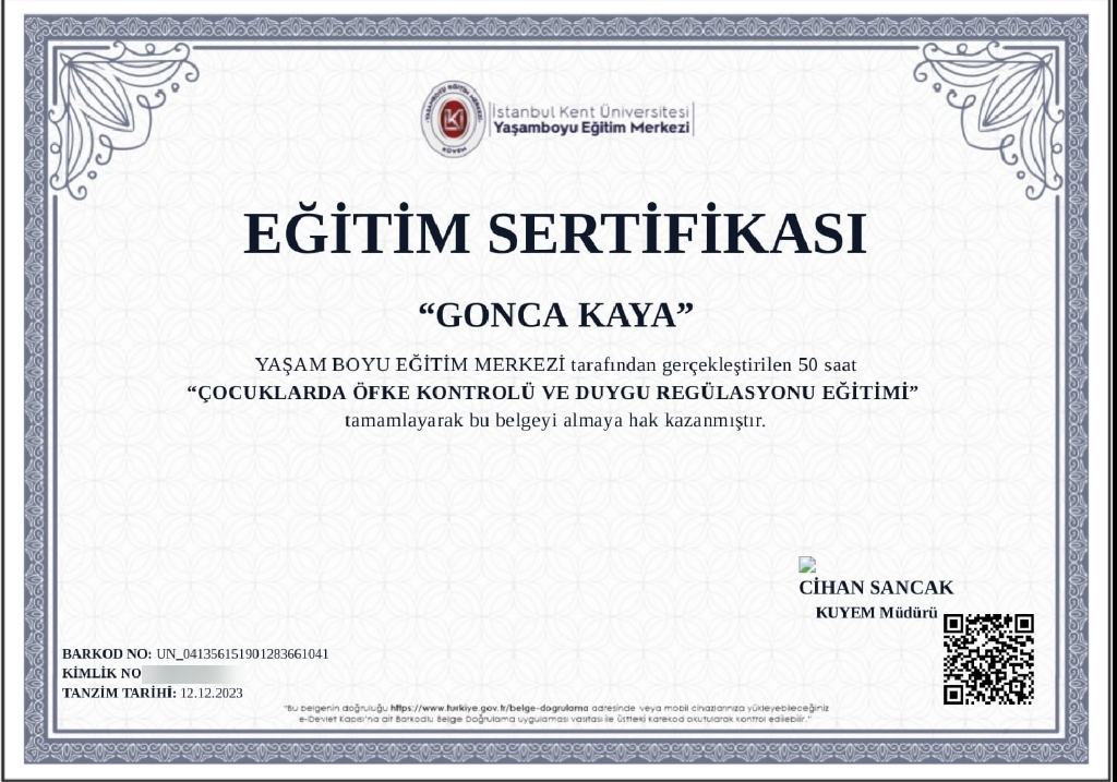 Çocuklarda Öfke Kontrolü ve Duygu Regülasyonu Sertifikası
